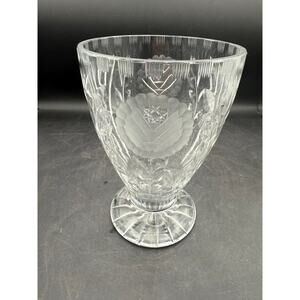 Vintage Footed Glass Vase Frosted Rose and Leaf Pattern- Scalloped Rim